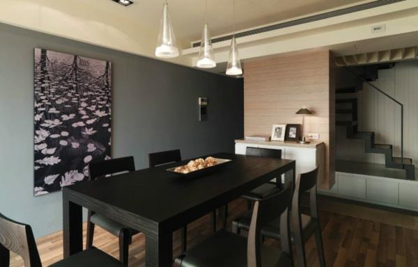 ruokasali, musta puu, semi-minimalistinen muotoilu
