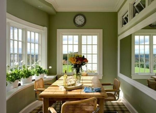 ruokasalin seinän suunnittelu salvia vihreä puinen pöytä
