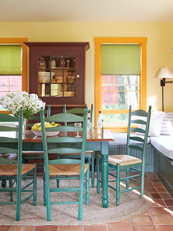 ruokasalin suunnittelu maalaistyyliset turkoosi värit tuolit