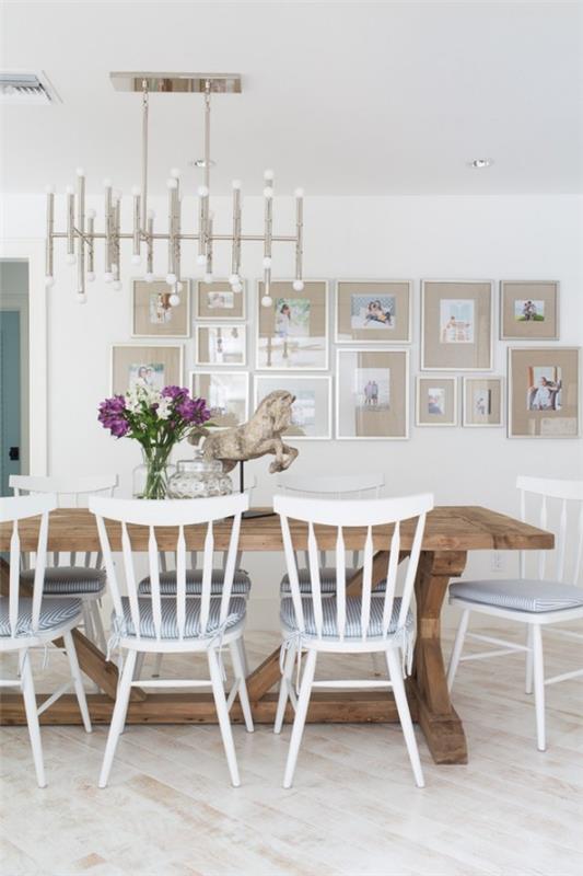 ruokasalin huonekalut puukalusteet maalaismainen ruokapöytä valkoiset tuolit