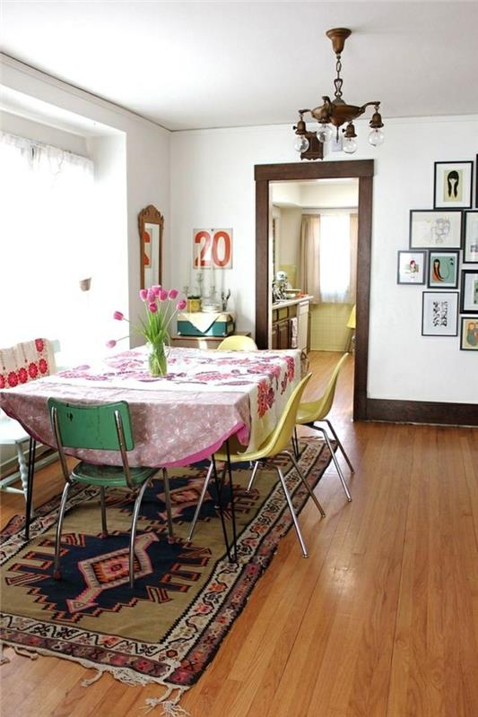 ruokasalin huonekalut moderni boho tyylikäs matto tulppaanit