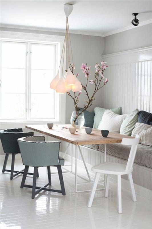 ruokasalin huonekalut skandinaaviseen tyyliin heitotyynyt valkoinen lattia