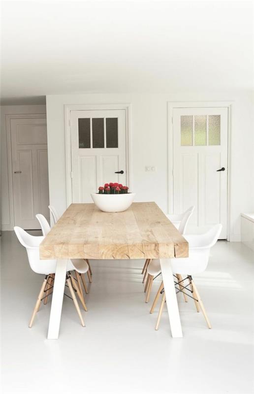 ruokapöydän tuolit käsinojilla skandinaavinen muotoilu valkoinen maalaismainen pöytä