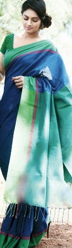 Blå og grøn Handloom Cotton Saree