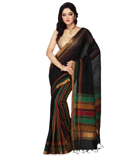 Flerfarver Striped Handloom Cotton Saree
