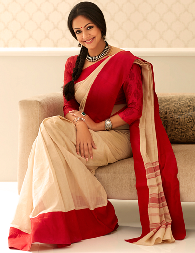 Rød bomuld Handloom Saree