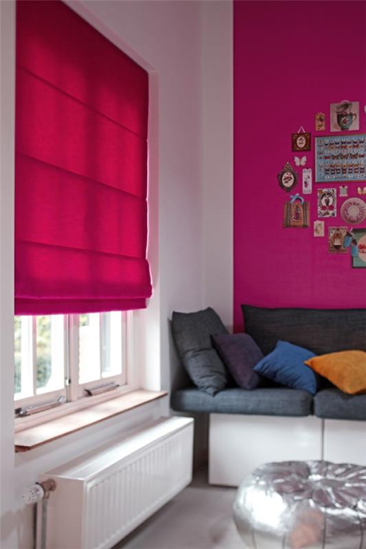 Ompelu kaihtimet itse ikkuna yksityisyysnäyttö olohuoneen seinämaalaus vaaleanpunaiset roomalaiset kaihtimet