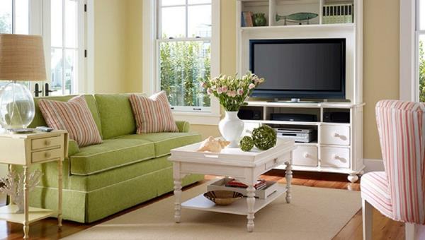 perhehuone vihreä sohva seinän värit olohuone neutraali seinän suunnittelu