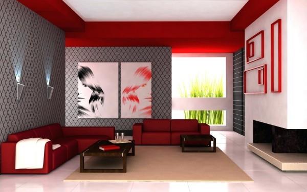värit olohuoneen punaiset huonekalut ja kattoelementit