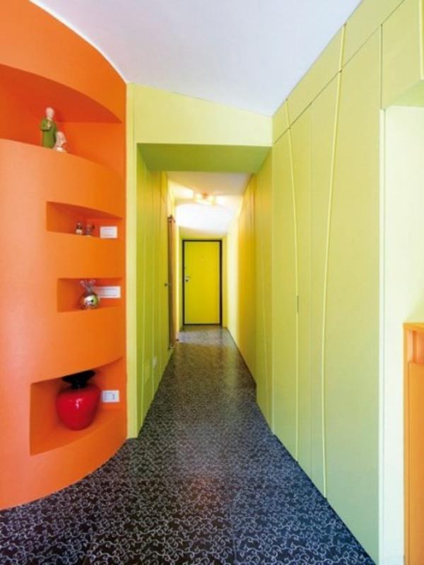 väri suunnittelu käytävä keltainen oranssi sisäänrakennetut hyllyt