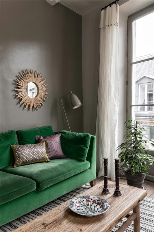 värisuunnitteluideoita moderniin olohuoneen vihreään nojatuoliin ja neutraaliin seinän väriin