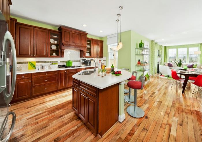 sisustus väri suunnittelu avoin vaaleanvihreä seinät puuviilu keittiökalusteet