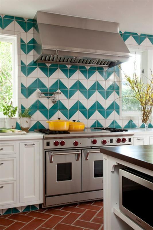 värisuunnittelu keittiösuunnitteluideoita seinän väri laatta seinäkuvio sinivihreä