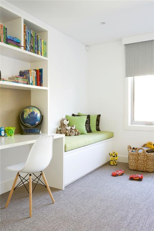 värisuunnittelu lastenhuone harmaa matto valkoiset seinät