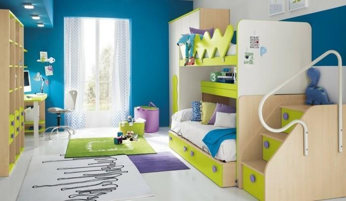 värisuunnittelu lastenhuone vihreä sininen parvisänky matot