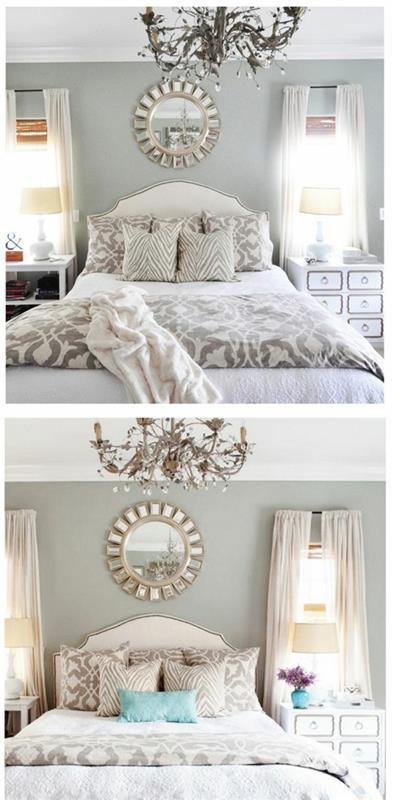 värisuunnittelu makuuhuoneen sängyn väri harmaa seinäpeili kattokruunu
