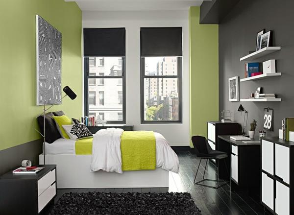 värisuunnittelu makuuhuone väriideat seinäväri oliivinvihreä vuodevaatteet vihreä keltainen