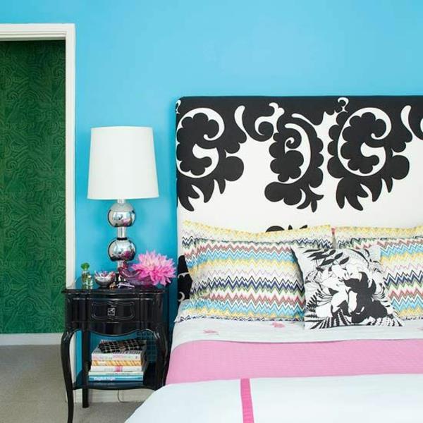 värisuunnittelu makuuhuone luovat väriideat sininen seinä väri vuode pääty