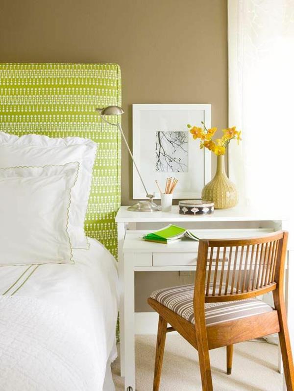 värisuunnittelu makuuhuone kirkkaat värit beige seinäväri vihreä valkoinen keltainen