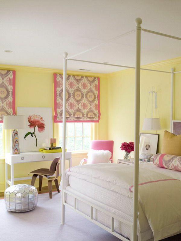 värisuunnittelu makuuhuone pastellivärit keltainen seinäväri trosa aksentteja