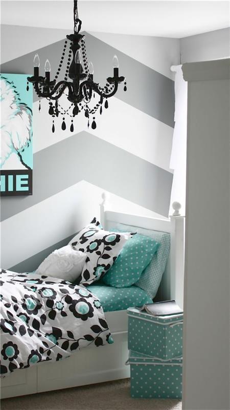 värisuunnittelu makuuhuone turkoosi harmaa kuvio vuodevaatteet