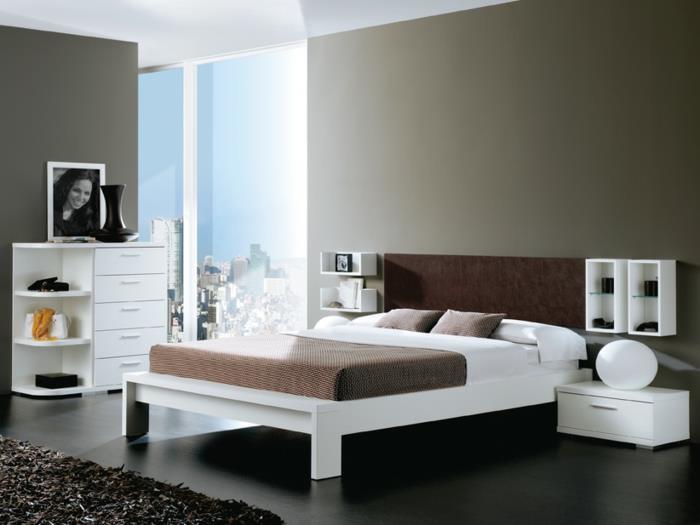 värisuunnittelu makuuhuoneen seinäkoriste seinän väri harmaa valkoinen sängynrunko moderni muotoilu