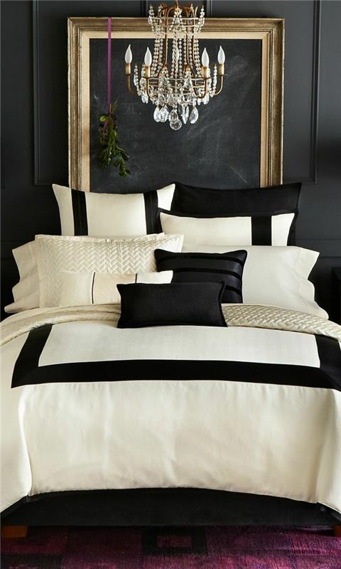 värisuunnittelu makuuhuoneen seinäkoriste seinän väri musta kulta kristallikruunu