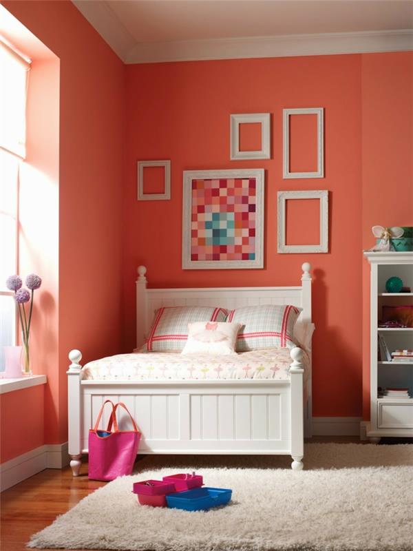 värisuunnittelu makuuhuoneen seinämaali oranssi pastelli kuvakehys seinän suunnittelu seinäkoriste