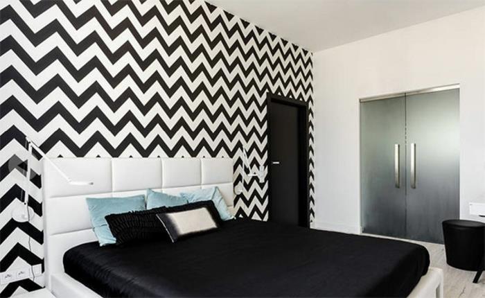 värisuunnittelu makuuhuoneen seinän väri musta valkoinen chevron -kuvioinen seinäkoriste