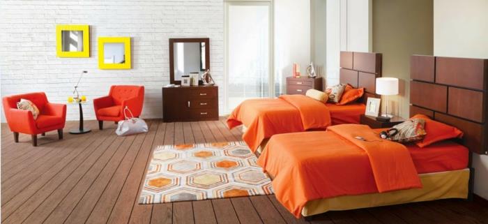 värisuunnittelu makuuhuoneen seinäväri valkoinen tiiliseinäseinäsuunnittelu oranssi tekstiili