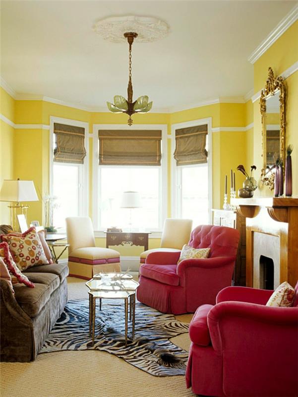 väri suunnittelu olohuone keltainen seinä väri seepra matto punainen nojatuoli