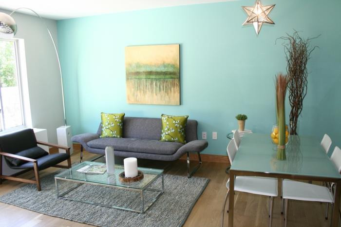 värisuunnittelu olohuoneen vihreä seinämaali matto kaarilamppu