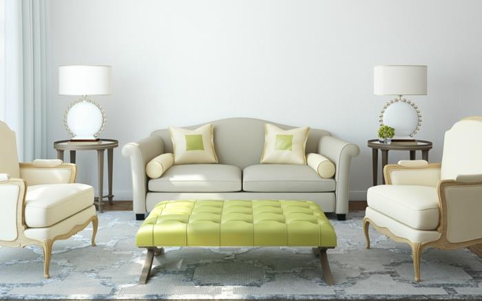 värimaailma olohuone vaaleat seinät vihreä sohvapöytä matto sivupöydät