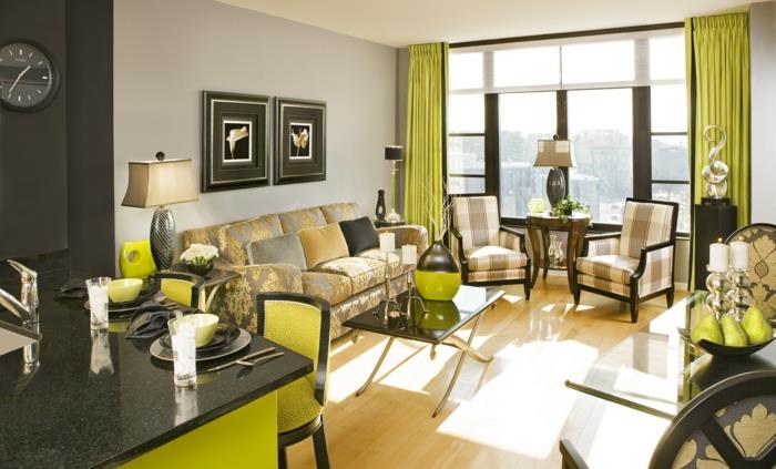 värisuunnittelu olohuone vaaleat seinät tyylikäs olohuone huonekalut vihreä aksentti