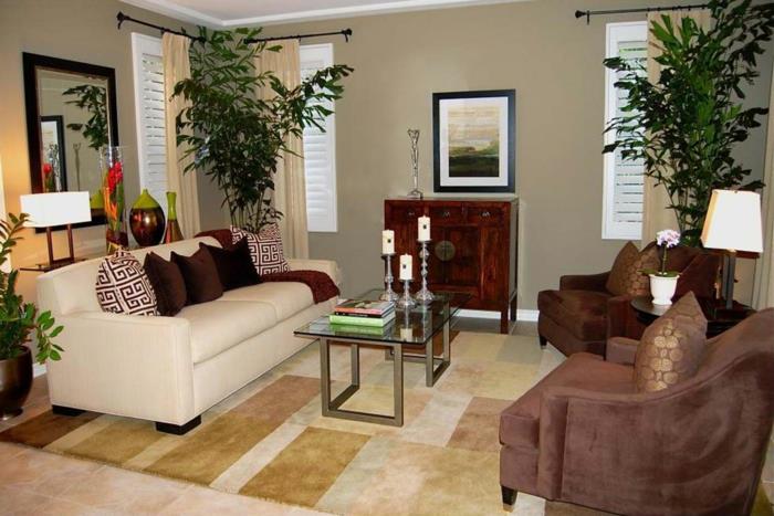 värisuunnittelu olohuone valoseinät vintage sohvapöytä kasvit