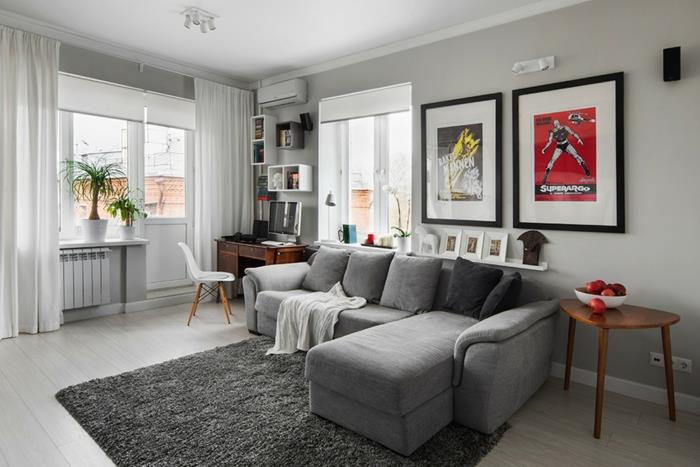 värisuunnittelu olohuone vaaleanharmaa seinä väri harmaa huonekalut harmaa matto