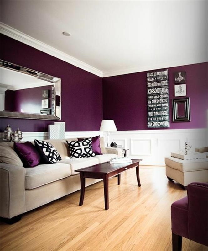 värisuunnittelu olohuone violetit seinät valkoiset huonekalut
