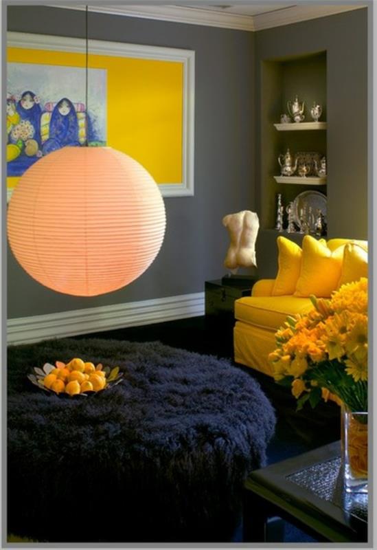 värisuunnittelu olohuoneen sohva keltainen seinäsuunnittelu seinämaali