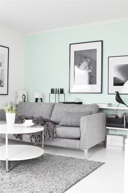 värisuunnittelu olohuoneen seinäväri mintunvihreä olohuoneen sohva harmaa