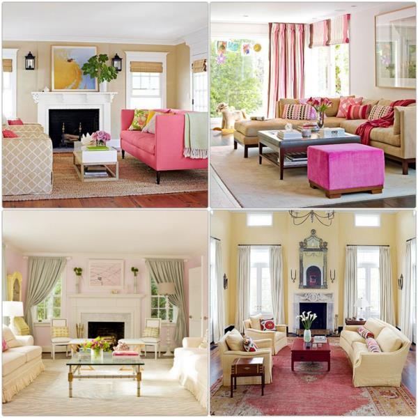 värisuunnittelu olohuoneen seinän värit suunnittelu vaaleanpunainen vaaleanpunainen aksentti olohuoneen huonekalut