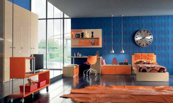 värisuunnittelu olohuoneen seinän suunnittelu seinän suunnittelu sininen oranssi 70 -luku