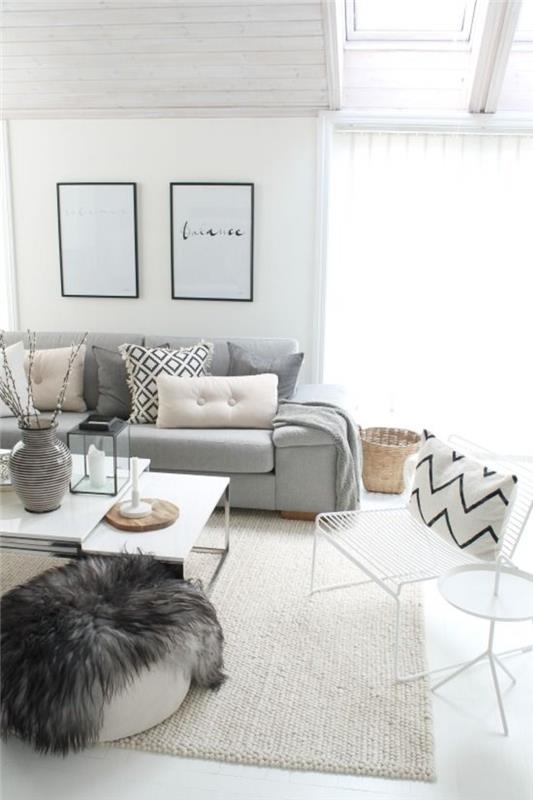 värisuunnittelu olohuone valkoiset seinät vaaleanharmaa sohva vaalea matto