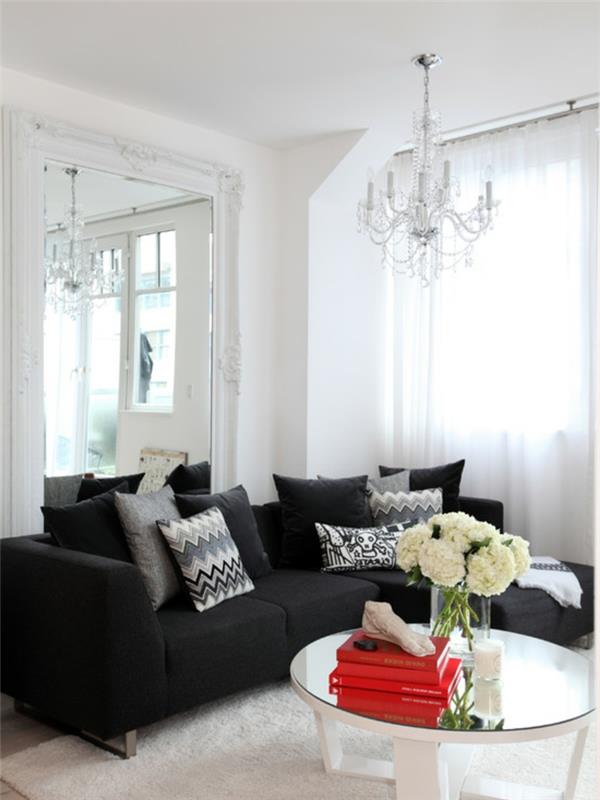 värisuunnittelu olohuone valkoinen olohuone musta olohuoneen sohva