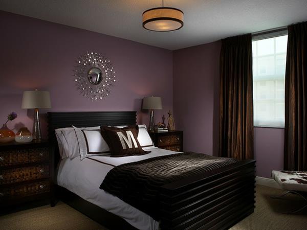 väriideat makuuhuoneen sisustus violetit seinät sänky