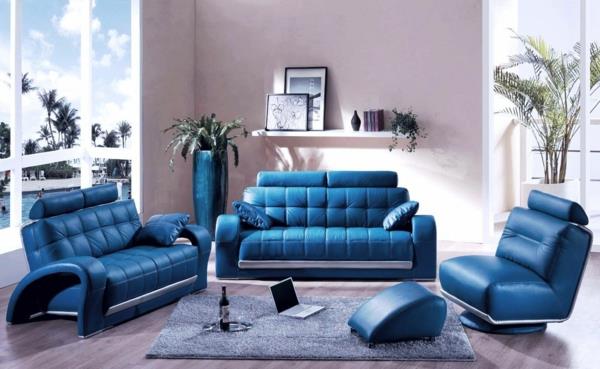 väriideat olohuoneen siniset huonekalut nahka