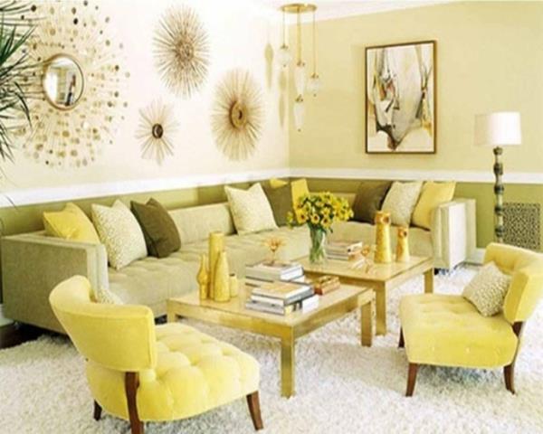 väriideat olohuoneen kelta-vihreät huonekalut
