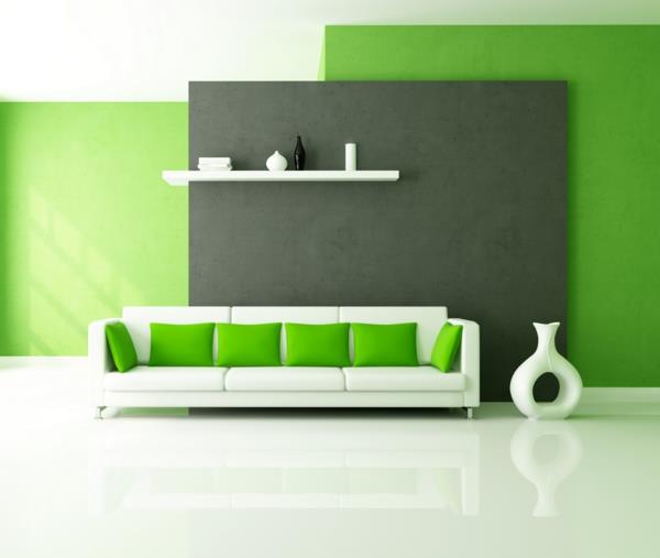 väriideat olohuone valkoinen sohva vihreä tyynyt
