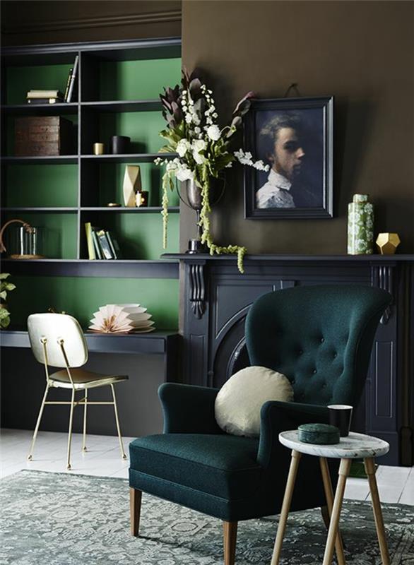 värilliset seinät tummat sävyt kukat vihreä nojatuoli