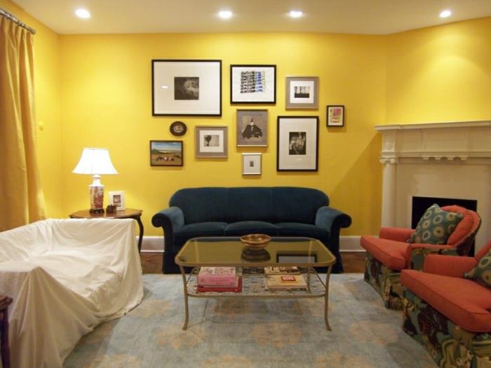 värilliset seinät olohuone keltainen seinämaalaus keltaiset verhot