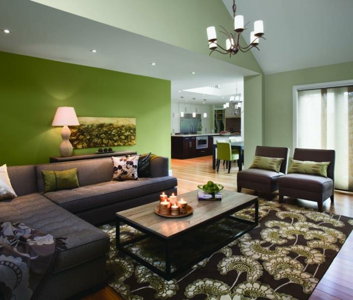värilliset seinät olohuone vihreä seinämaalaus tyylikäs matto